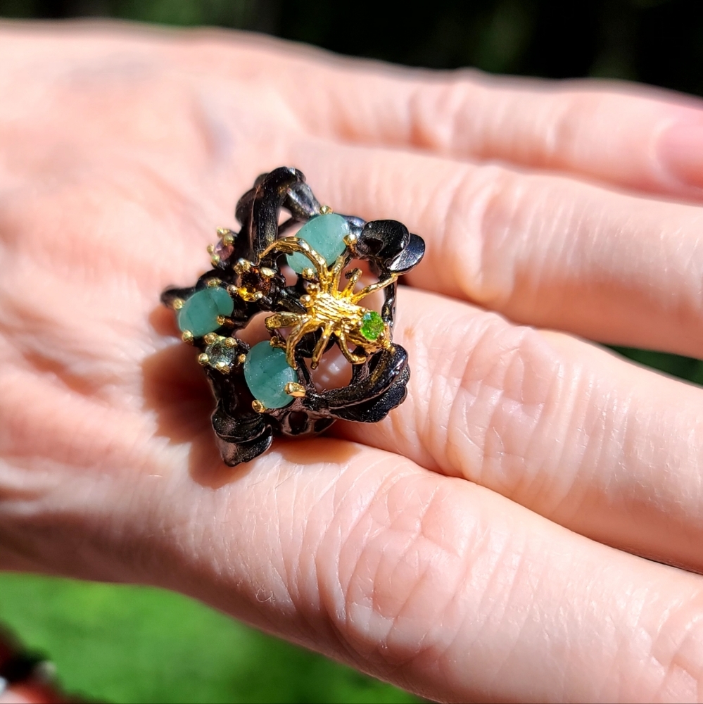 Emerald Peridot Tourmaline citrine aquamarine spider sterling silver ring sz9 - Picture 14 of 15